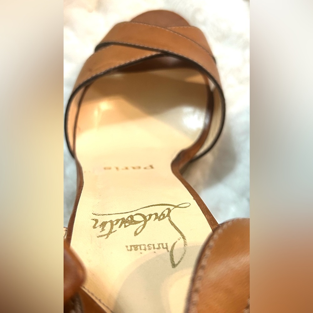 Authentic Christian Louboutin Leather Tan Wooden Wedge Sandals US size 6 - Picture 9 of 16